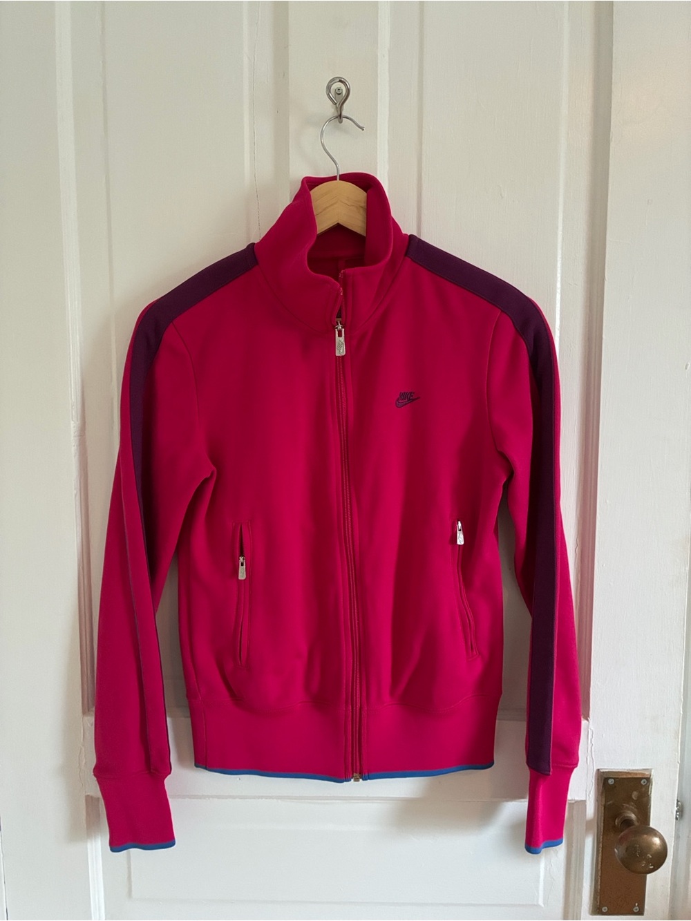 Nike Women's Fuchsia Track Bomber Jacket with Plum Shoulder Stripes